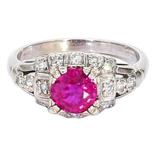Vintage Platinum Gia Certified Unheated Burmese Ruby Ring With Diamonds - Size 7 For Sale