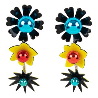 Kenzo Black, Blue and Yellow Acrylic Floral Dangle Earrings For Sale