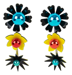 Kenzo Black, Blue and Yellow Acrylic Floral Dangle Earrings