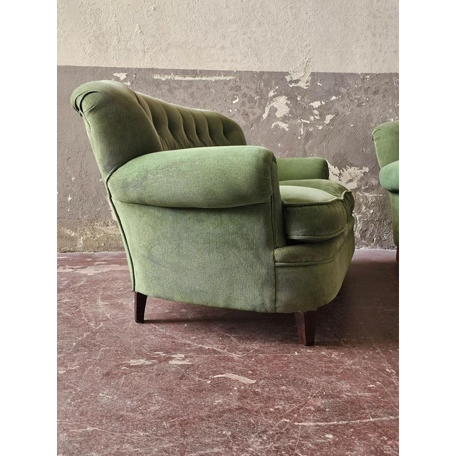 Vintage Chesterfield Style Sofas in Green Fabric, Set of 2 For Sale - Image 3 of 15