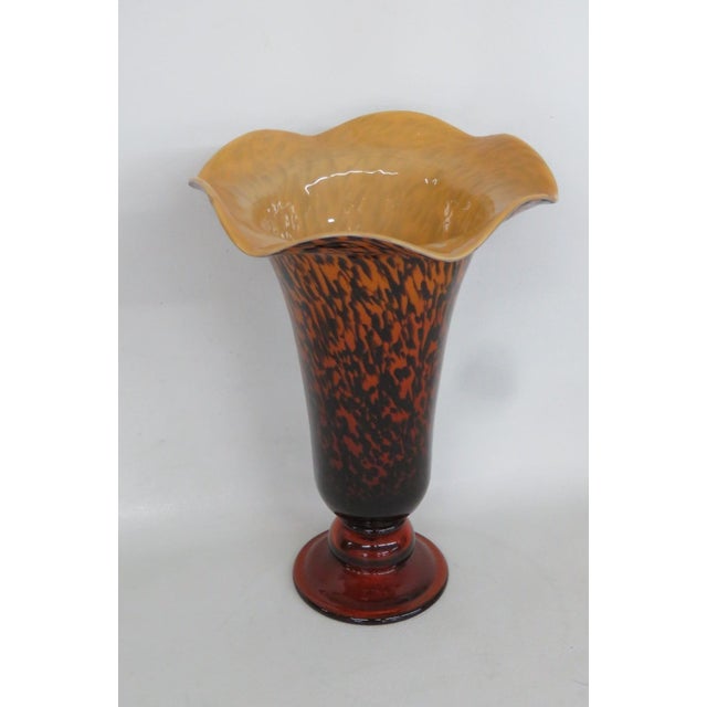 Italian Art Glass Vase Italian Style Tortoiseshell Leopard Print With Ruffled Edge 4881b For Sale - Image 3 of 12