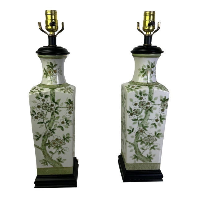 Pair of Vintage Green Apple Blossom Chinese Lamps For Sale