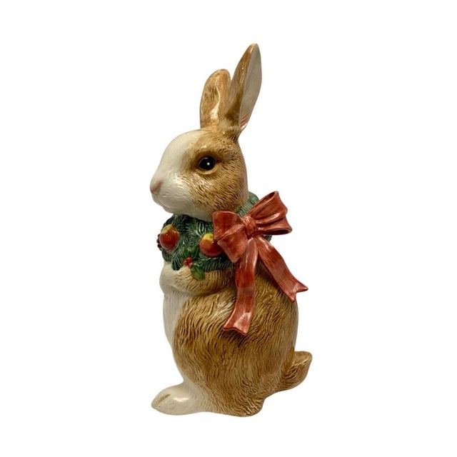1990s Vintage 1991 Fitz and Floyd Standing Christmas Bunny Rabbit With Bow For Sale - Image 5 of 7