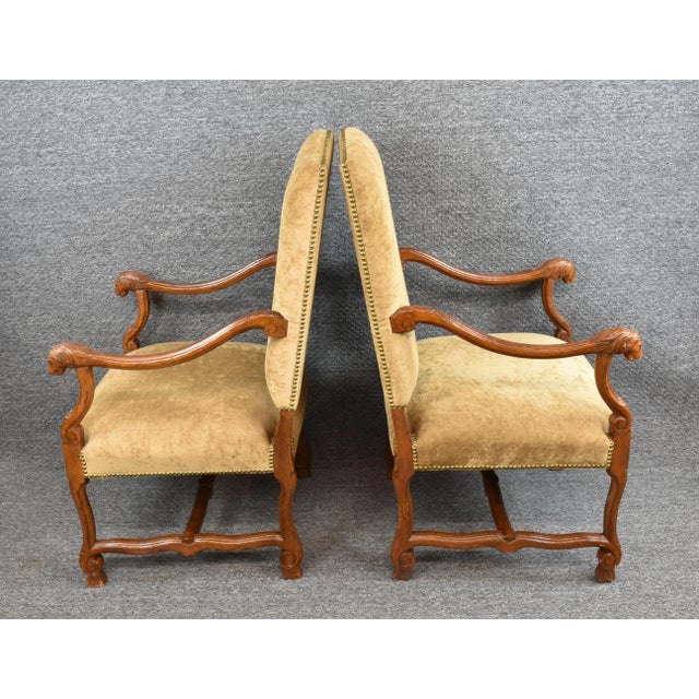 Pair of Louis XVI Style Handcrafted Throne Chairs Carved Lion Head Arm Rests by Vanguard Furniture Velvet Upholstery Nail...