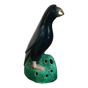 19th Century Chinese Dark Blue Porcelain Figure of a Parrot Standing atop Rockwork