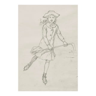 Antique George Tobin Drawing of Girl Playing Ice Hockey For Sale