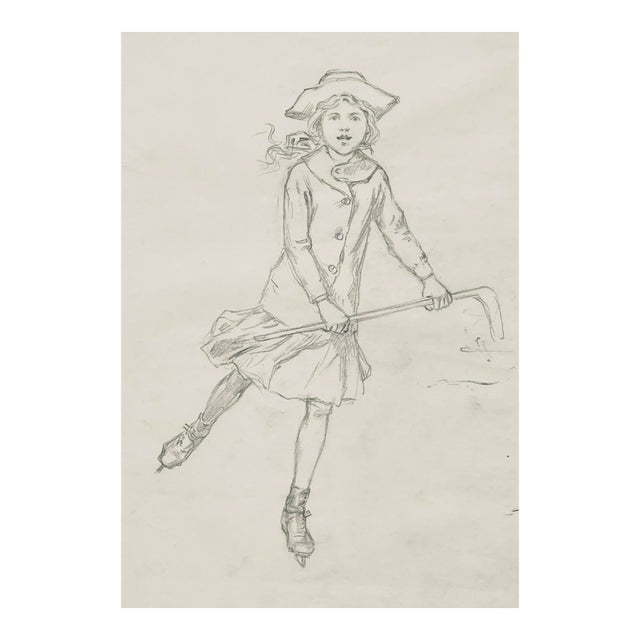 Antique George Tobin Drawing of Girl Playing Ice Hockey For Sale