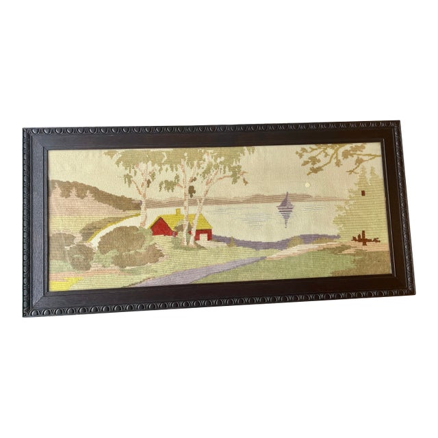 Red Cabin on Lake With Sailboat Needlework - Wide Oak Egg & Dart Frame Under Glass - Arts & CraftsCirca 1930's For Sale