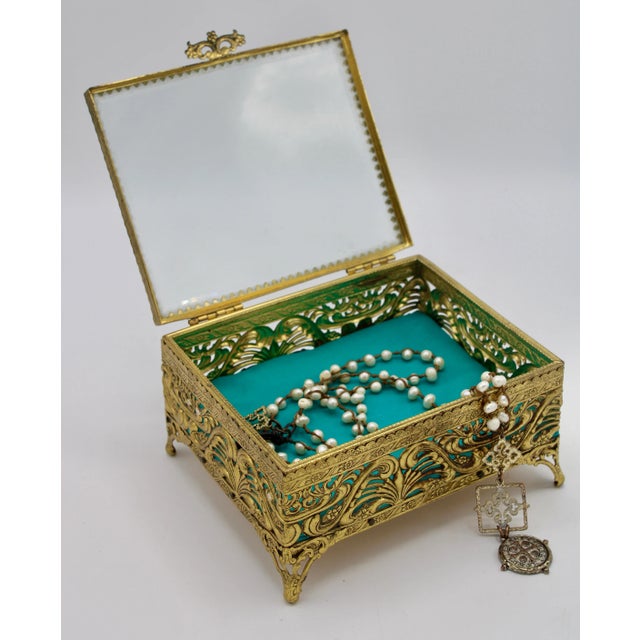 Antique French Art Nouveau Brass Beveled Glass Jewelry Box For Sale - Image 10 of 12