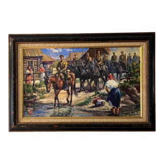 20th Century Oil on Canvas Board European School Framed Signed by Aleksandr Karamzin Titled Cossacks Entering Village For Sale
