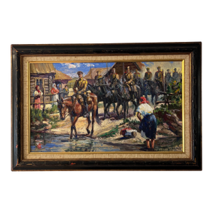 20th Century Oil on Canvas Board European School Framed Signed by Aleksandr Karamzin Titled Cossacks Entering Village