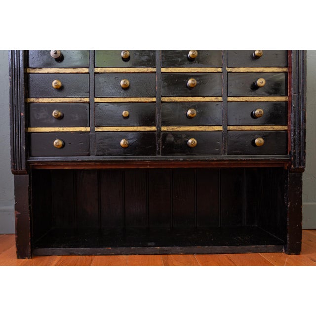 19th Century 20 Drawer Black Apothecary Cabinet or Millinery Hutch For Sale - Image 10 of 18