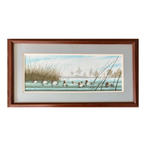 Canvasback Duck Watercolor Landscape by American Artist Craig Peterson (1946-2024), Framed