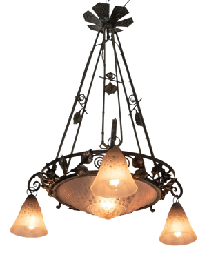 Art Deco Lunéville Pink Frosted and Wrought Iron Chandelier 1925 by Muller Frères, 1920s