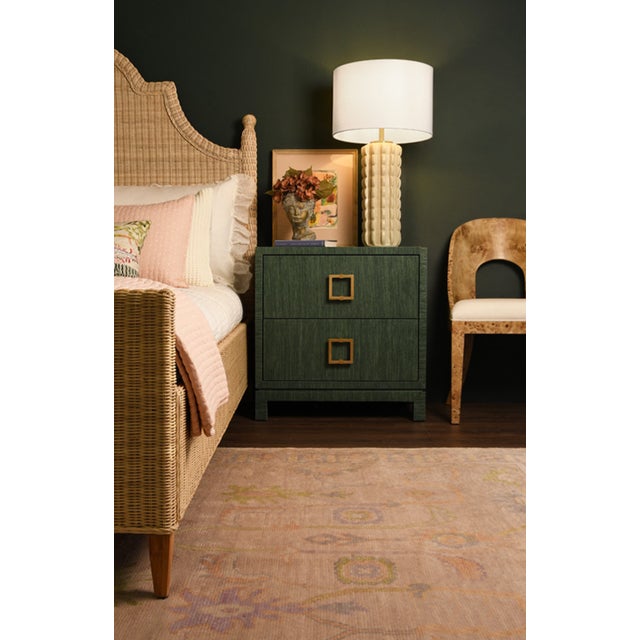 Contemporary Matthew Izzo Home Cole Green Dyed Grasscloth Two Drawer Side Table/Nightstand With Glass Top and Large Square Brass Handle For Sale - Image 3 of 11
