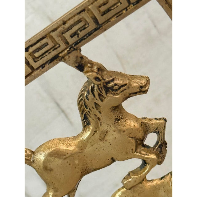 Mid 20th Century Vintage Chinoiserie Brass Horse Bookends With a Cut-Out Design of Galloping Horses Surrounded by a Greek Key Border-a Pair For Sale - Image 5 of 12