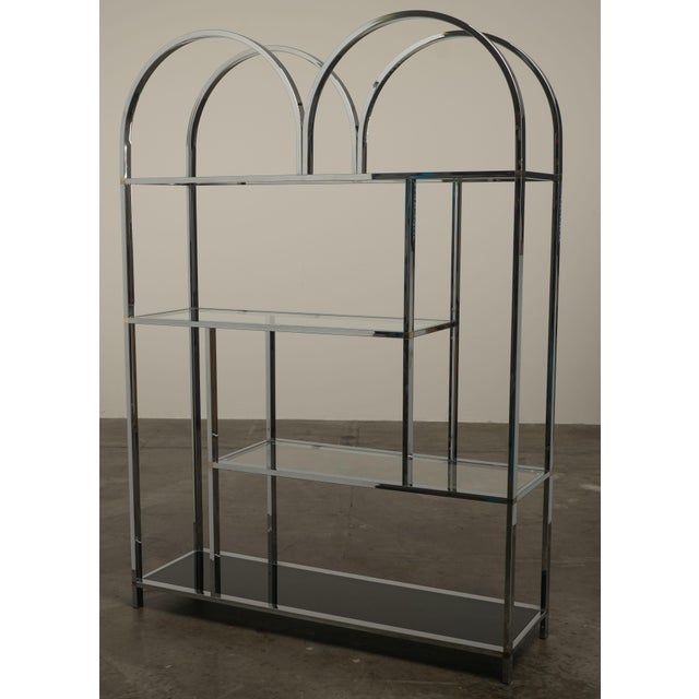 Chrome 1970s Chrome Glass Brass Etagere Mixed Metal Glam Display Shelf Baughman For Sale - Image 8 of 16