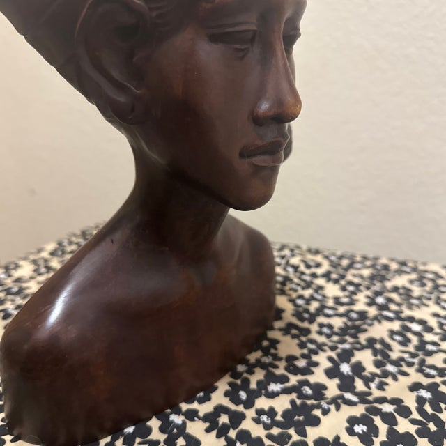 Ebony Vintage Art Deco Balinese Woman Bust – Hand-Carved Mahogany Wood Sculpture For Sale - Image 8 of 11