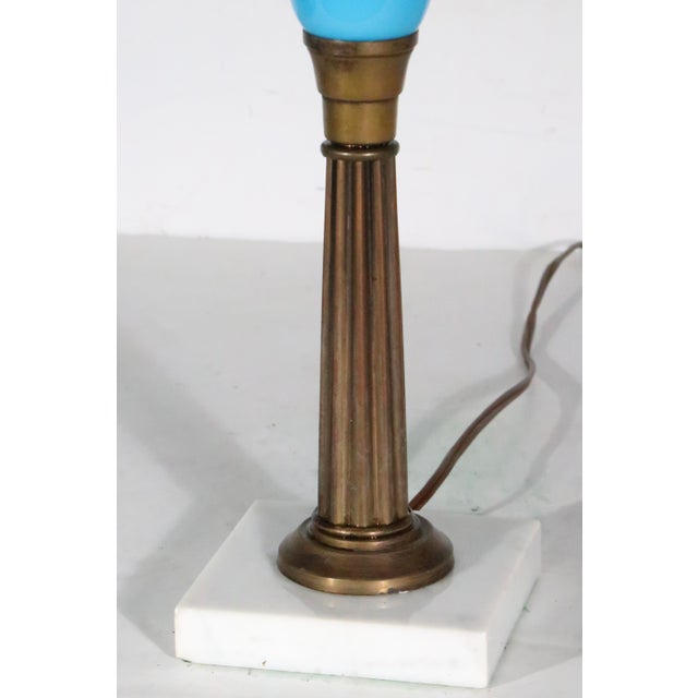 Early 20th Century Electrified Oil Lamp With French Blue Opaline Glass Font For Sale - Image 9 of 10