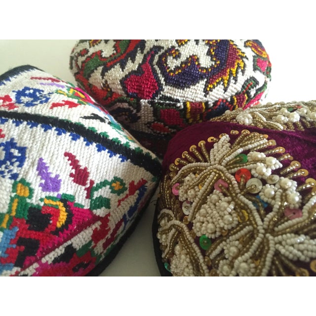 Textile Vintage Uzbek Afghani Turkmen Hand Embroidered Tribal Hats Collection - 3pc For Sale - Image 7 of 10