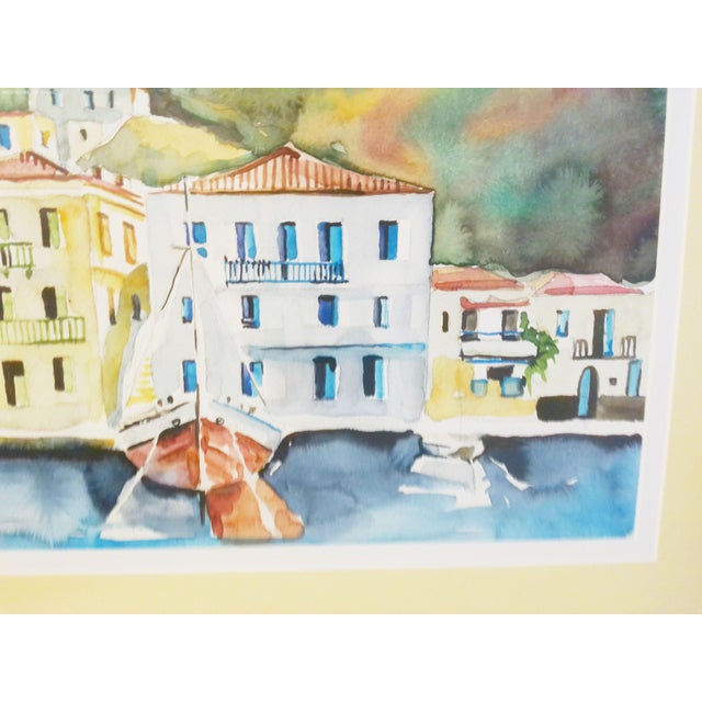 Mediterranean Vintage Framed Mediterranean Seaside Village Watercolor For Sale - Image 3 of 6