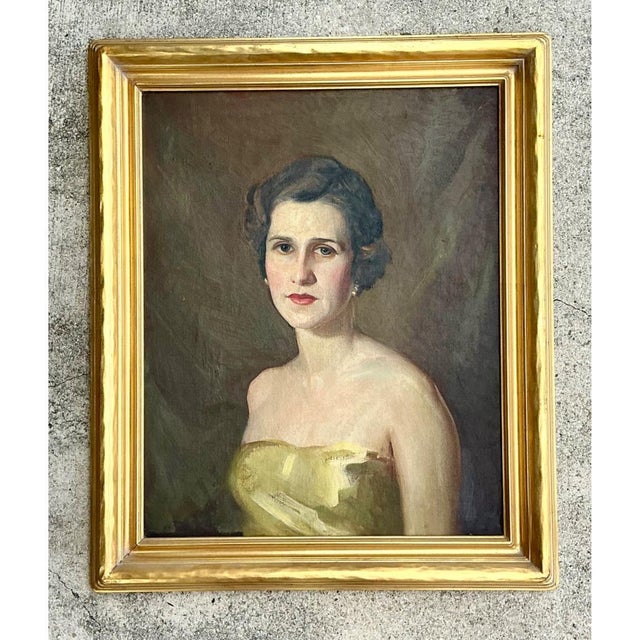 Capturing a quiet elegance, this fine vintage oil portrait rendered on wood board depicts a poised woman with a serene,...
