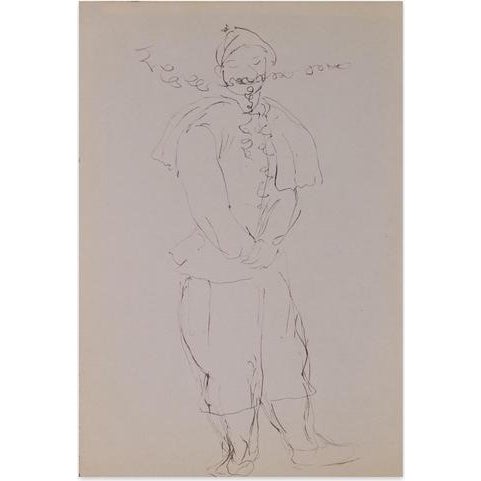 Louis Touchagues, Costumed Character, Ink Drawing on Paper, Mid-20th Century For Sale