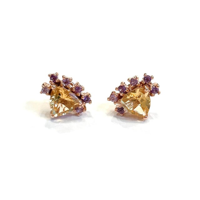 Yellow Bochic “Orient” Lemon Topaz Trillions & Amethyst Earrings Set 18K Gold & Silver For Sale - Image 8 of 12