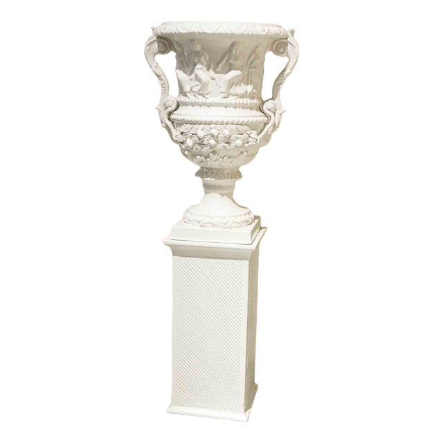 Large Classic Style Bowl and Base in Glazed White Ceramic, 20th Century, Set of 2 For Sale