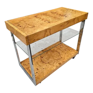 Milo Baughman Style Mid-Century Modern Burl Wood and Chrome Bar Cart by Lane