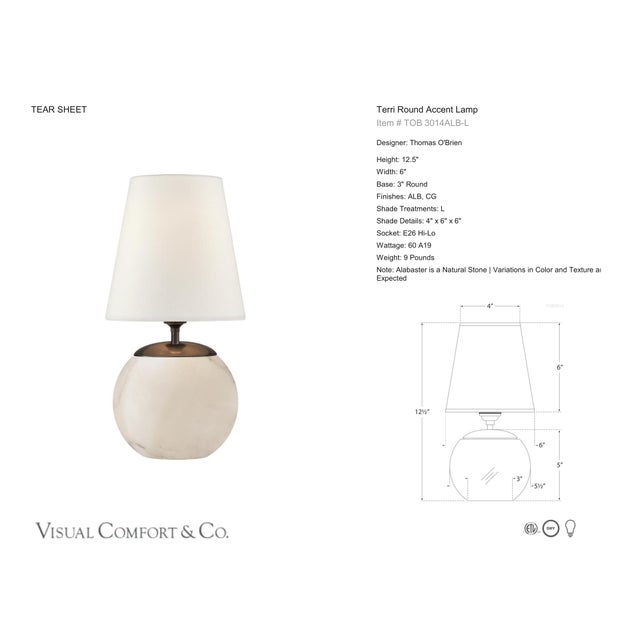 Thomas O'Brien by Visual Comfort Signature Terri Round Accent Lamp in Alabaster with Linen Shade Designer: Thomas O'Brien...