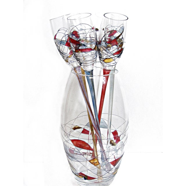 Vintage French Style Hand Blown Art Glass Long Stem Champagne Flutes With Matching Vase - 7 Piece Set For Sale - Image 4 of 14