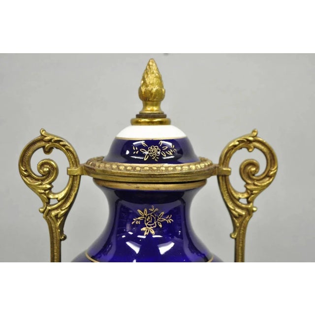 Ceramic Vintage French Victorian Style Hand Painted Cobalt Blue Decorative Porcelain Urn For Sale - Image 7 of 12
