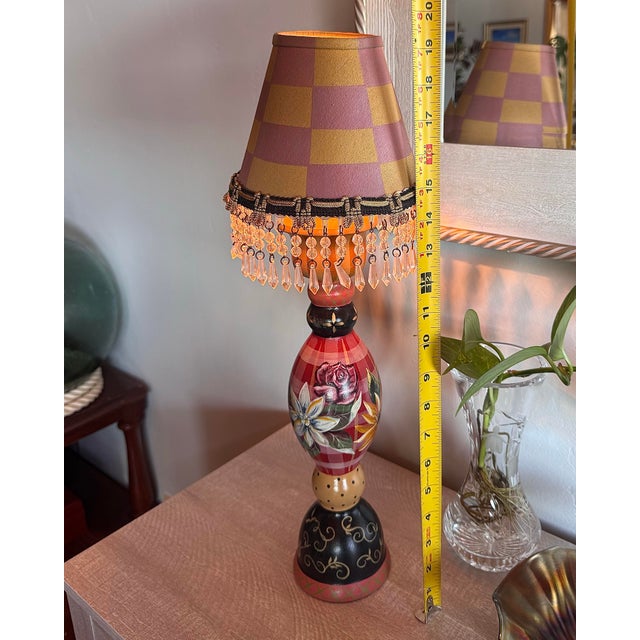 Tracy Porter Stonehouse Farm Goods Hand Painted Wooden Table Lamp With Checked Crystal Lamp Shade For Sale - Image 11 of 11