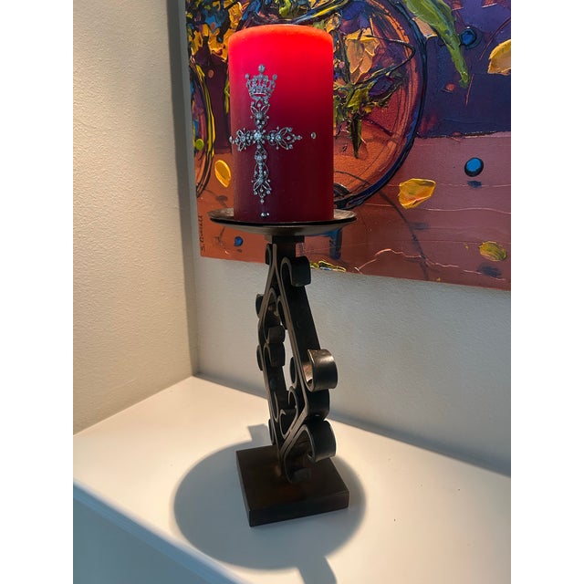 Rustic Jan Barboglio Hand-Forged Iron Pillar Candle Holder With - Rustic Spanish Style For Sale - Image 3 of 5