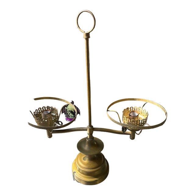 Vintage Brass Double Hurricane Student Style Table Lamp For Sale