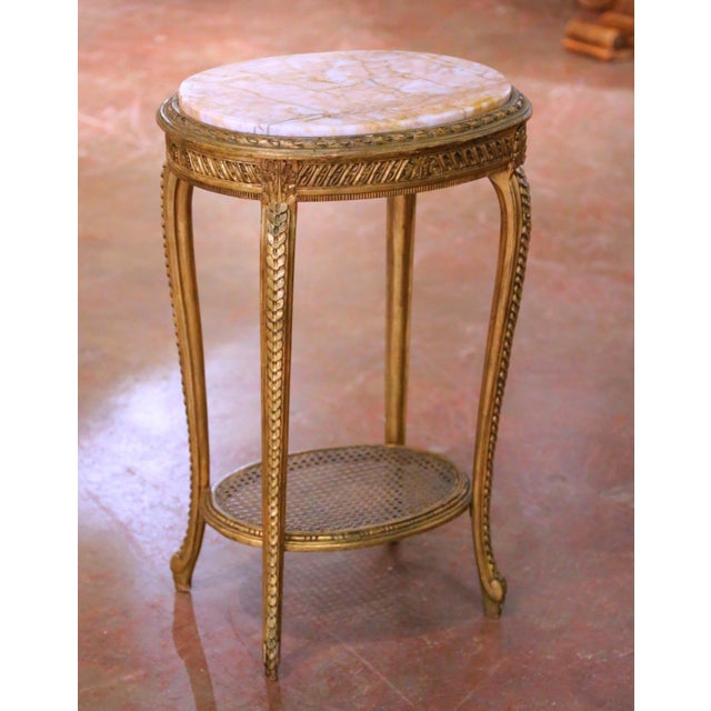 Late 19th Century 19th C. French Louis XV Gilt Guéridon Side Table With Marble Top and Cane Shelf For Sale - Image 5 of 8