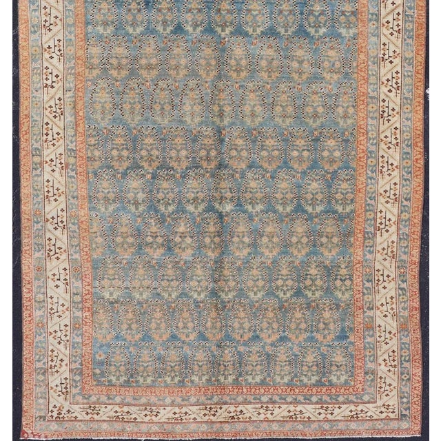 Antique Persian Malayer Gallery rug with Paisley design in light blue background. Persian Antique Malayer Gallery Rug with...