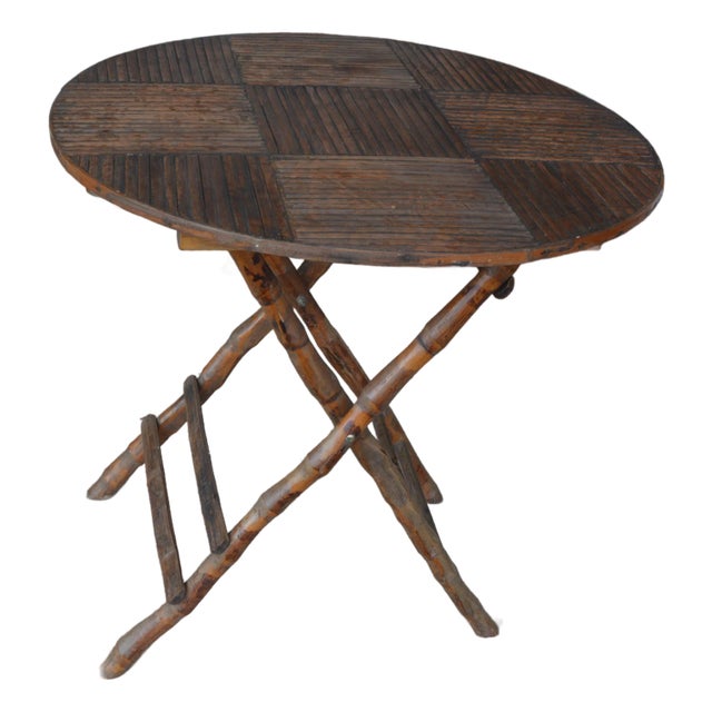 1960s Vintage Rustic Burnt Bamboo Round Folding Occasional / Patio or Game / Tea Table For Sale