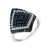 A rhombus shape studded ring with round cut diamonds wraps around the front of a cool sterling silver band. Blue, color...