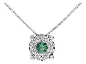 14K White Gold 3.8 MM Green Emerald and 1/3 Cttw Diamond Composite Halo 18" Pendant Necklace (F-G Color, VS2-SI1 Clarity)