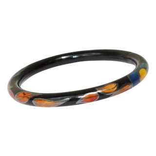 French Art Deco Black Celluloid Bracelet Bangle With Leaves Design For Sale