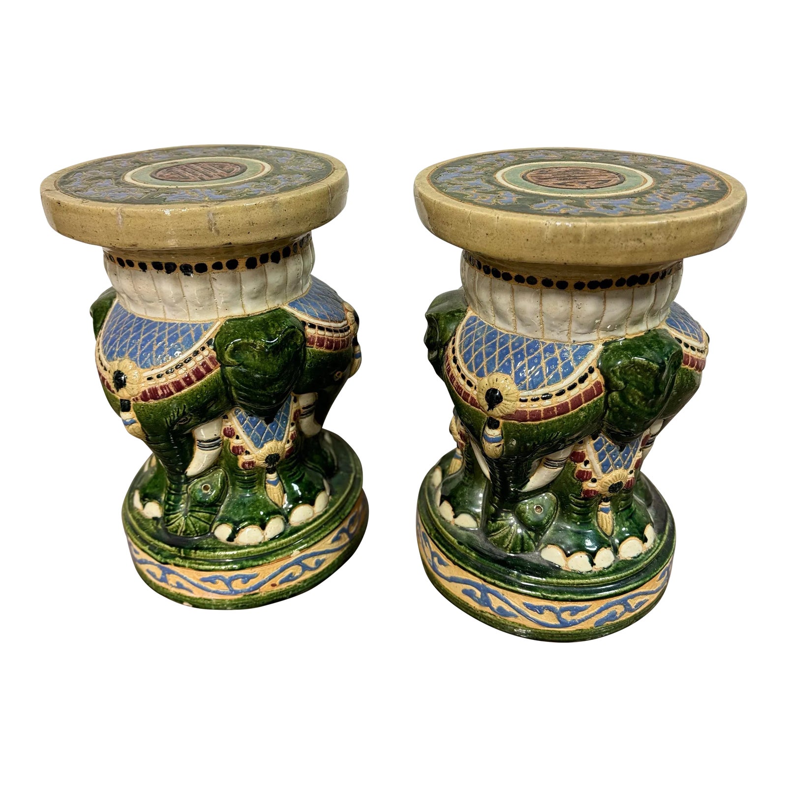 1980s Glazed Ceramic Garden Stools With Green and Blue Elephant Heads