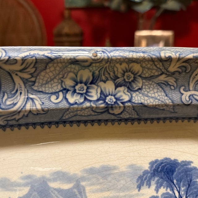 Blue Antique English Blue Transfer Ironstone Octagonal Platter, River and Castle Scene, Circa Mid-19th Century For Sale - Image 8 of 12