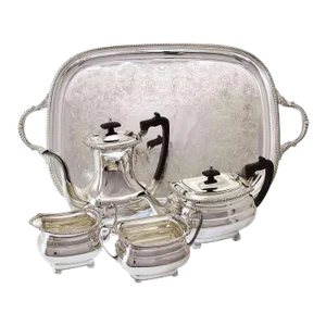 1970’s Vintage/New Mappin & Webb Silver Tea & Coffee Set and a Tray, Gadroon & Shell- 5 Pieces.