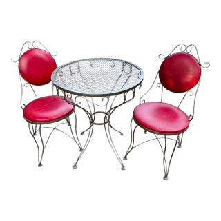 1960s Syd Leach Wrought Iron Bistro Set With Pink Vinyl Chairs For Sale