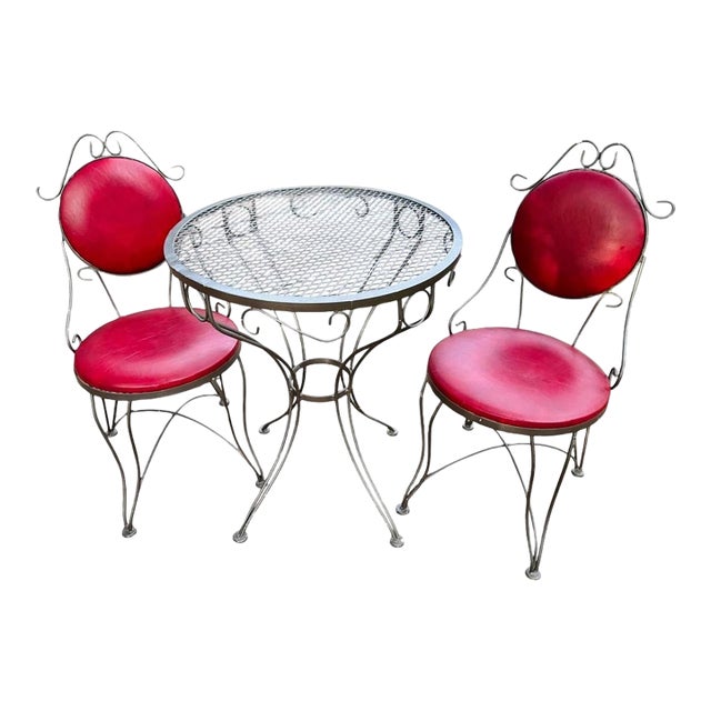 1960s Syd Leach Wrought Iron Bistro Set With Pink Vinyl Chairs For Sale