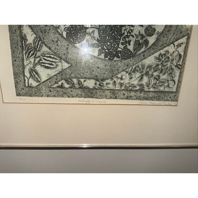 An original hand-colored etching by American artist Joann Walworth Turner, titled "Butterfly in Search" — signed, dated...