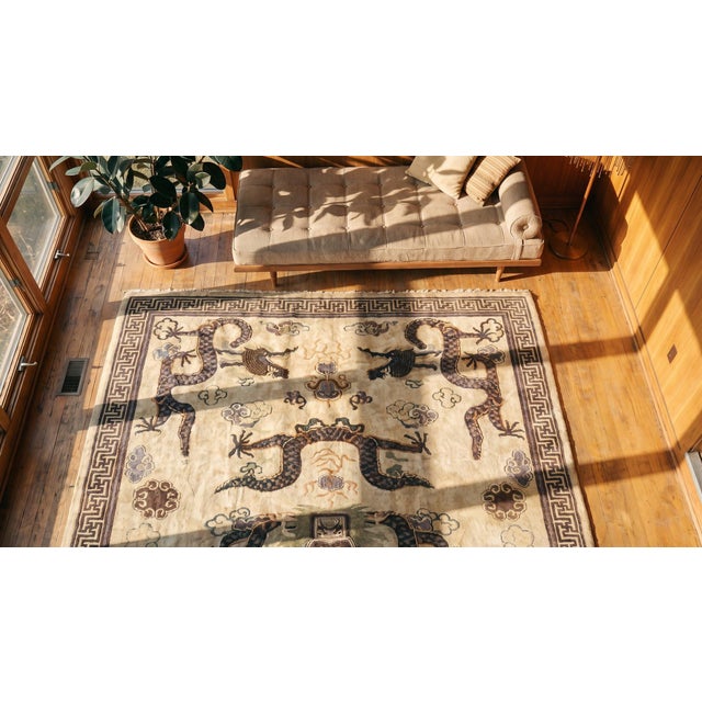Great Ivory and Lavender Blue Color With Dragons Design Antique Chinese Mongolian Rug For Sale - Image 15 of 15