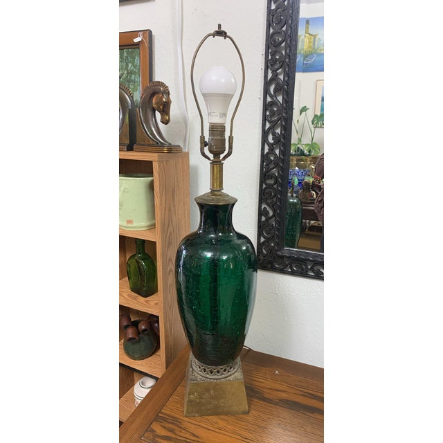 Vintage Green Crackle Glass Table Lamp With Brass Base For Sale - Image 4 of 5